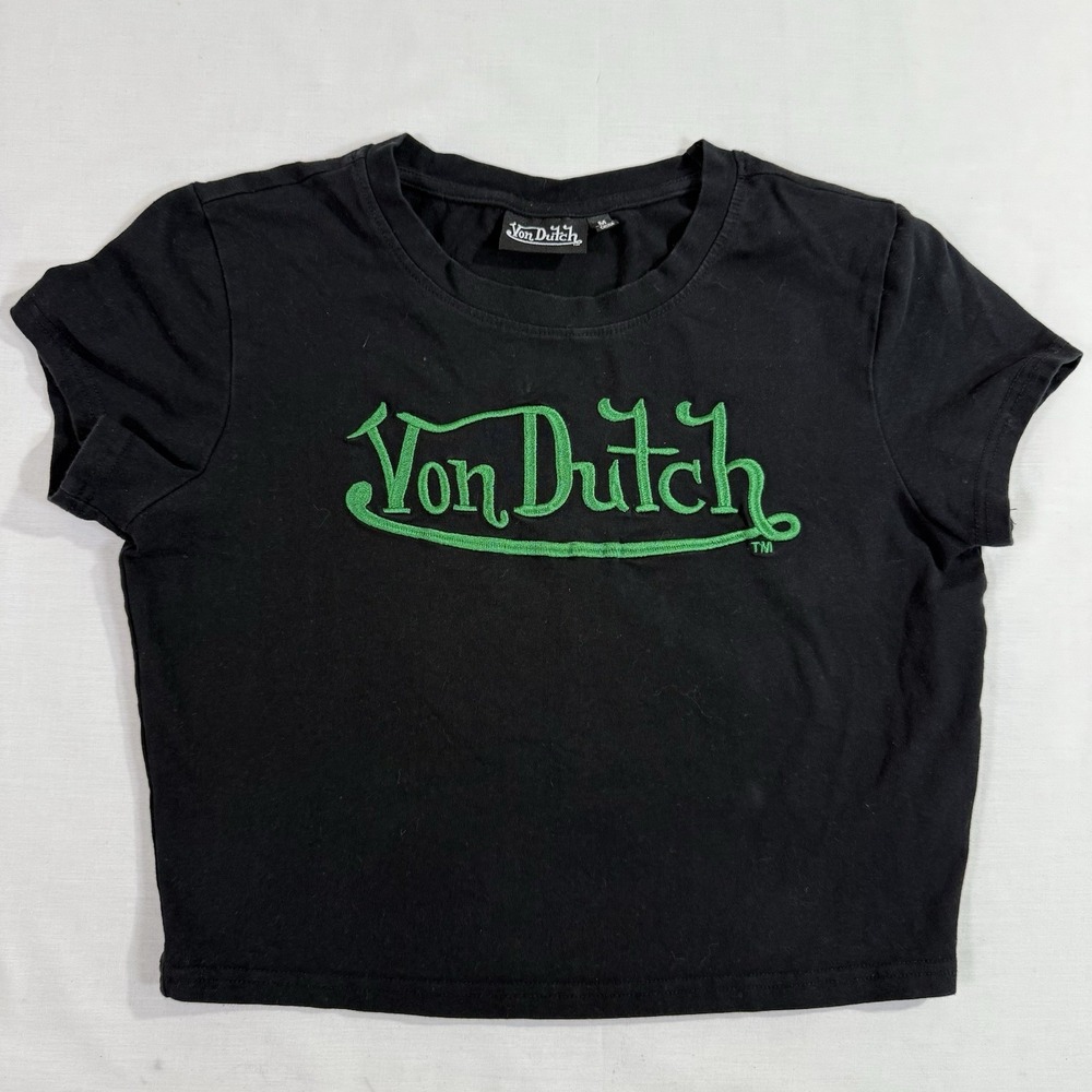 Von Dutch Cropped T-Shirt Embroidered Black Green Y2K Sz M 95% Cotton